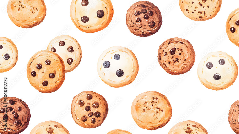 Fototapeta premium A delightful seamless pattern featuring croissants and donuts, showcasing various baked treats in a colorful and appetizing design