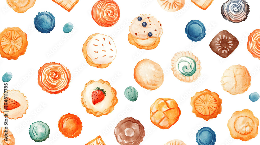 A delightful seamless pattern featuring croissants and donuts, showcasing various baked treats in a colorful and appetizing design