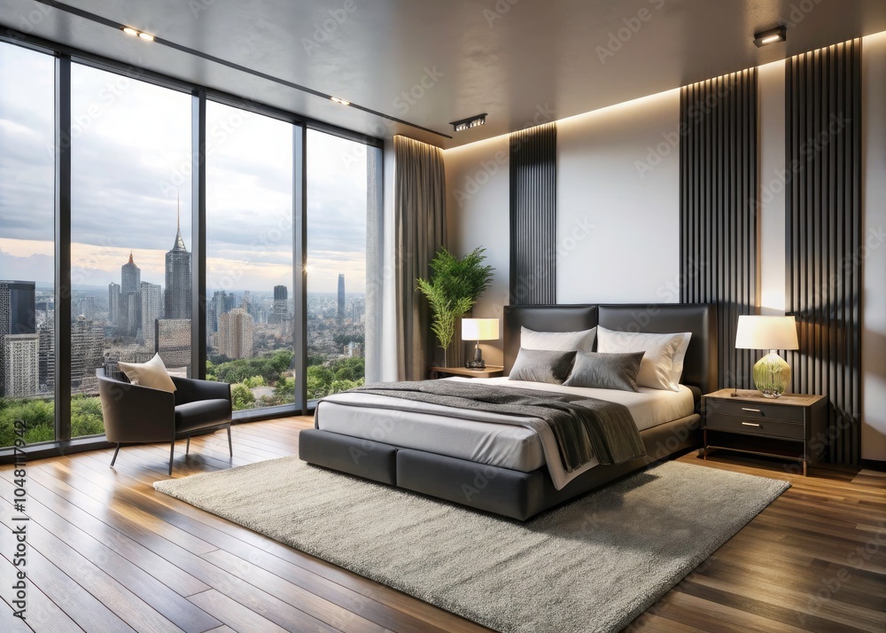 Obraz premium Elegant Bedroom with City View - Modern Black and White Decor, Sophisticated Design, Cozy Atmosphere