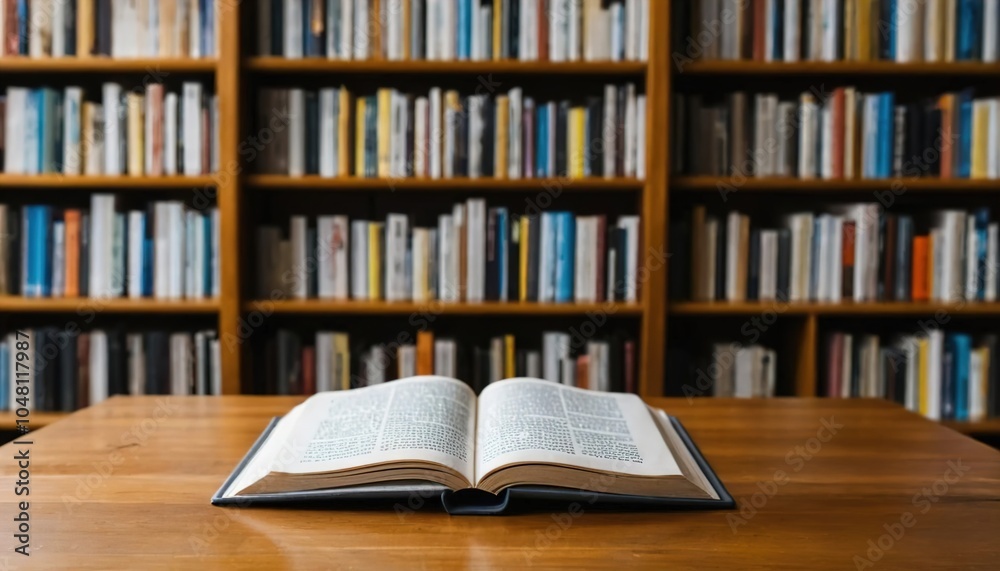 Open book on wooden table, cozy reading nook, bookshelf backdrop, inviting atmosphere, literature, relaxation Open book on wooden table, cozy reading nook, bookshelf backdrop, inviting atmosphere, literature, relaxation
