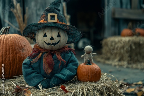 A charming autumn scene featuring a cheerful scarecrow in a black hat, nestled among pumpkins and straw bales, evoking the spirit of Halloween festivities. photo