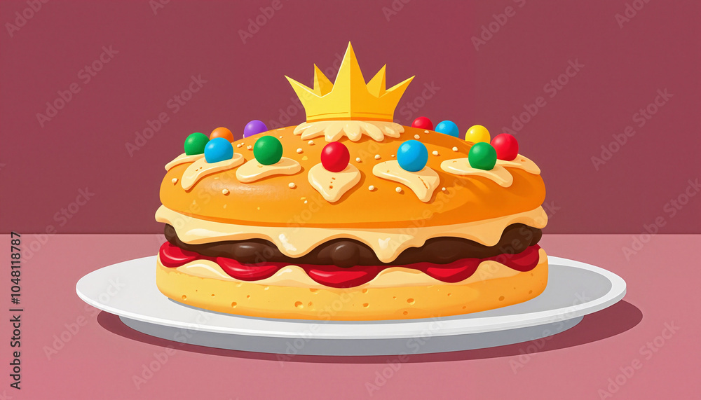 Festive layered cake with crown and colorful candy toppings Festive layered cake with crown and colorful candy toppings