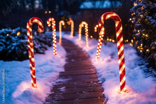 Snowy path with candy cane lights photo