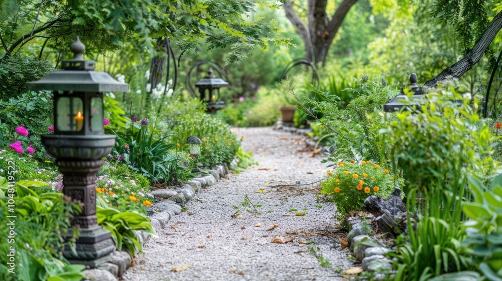 Naklejka premium A stone pathway lined with greenery and lanterns in a garden.