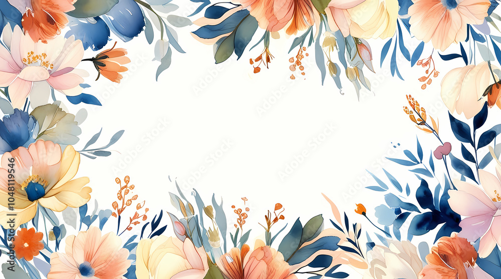 Charming floral frame with pastel flowers and greenery on a light background, copy space Charming floral frame with pastel flowers and greenery on a light background, copy space