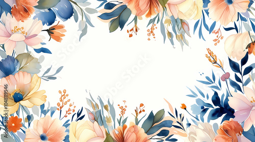 Charming floral frame with pastel flowers and greenery on a light background, copy space