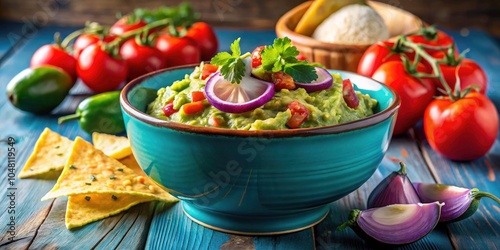 Freshly Made Guacamole with Diced Tomatoes and Cilantro in a Blue Ceramic Bowl