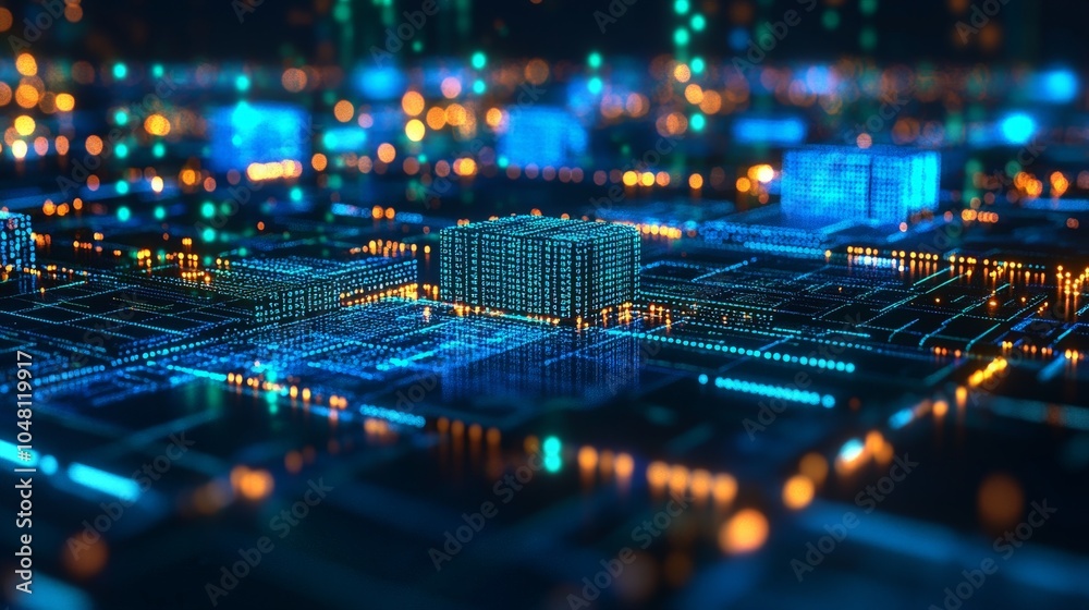 Obraz premium A 3D-rendered visualization of a blockchain network, with interconnected blocks glowing in blue and green, surrounded by data points and binary code, symbolizing secure digital transactions