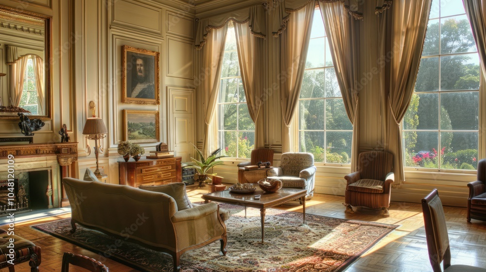 Obraz premium Sunlit Living Room with Antique Furniture and Large Windows