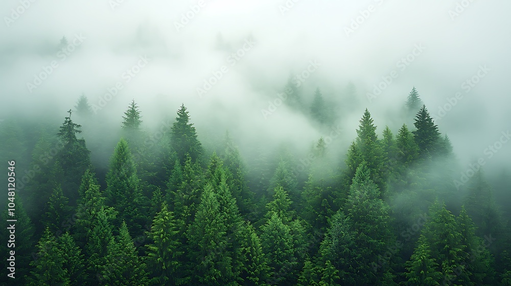 Fototapeta premium Enchanted misty forest a serene landscape of lush green pine trees shrouded in ethereal fog and tranquility