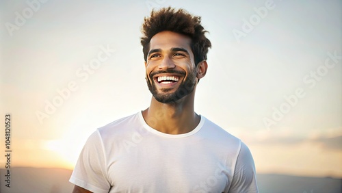 Happy Young Male Portrait in Silhouette with Blank White T-Shirt Mockup for Positive Vibes and Smiling Expressions