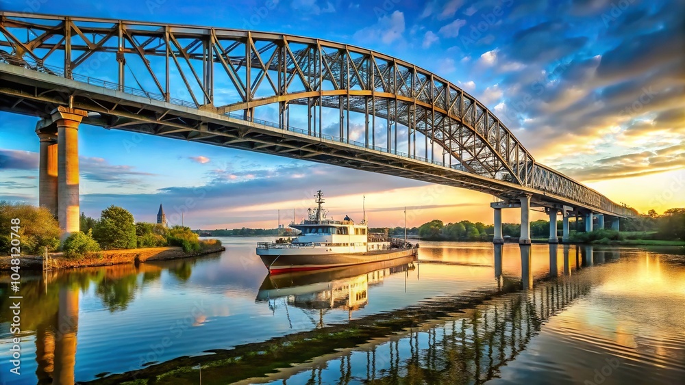 Obraz premium Tilted angle cantilever bridge over river with passing ship
