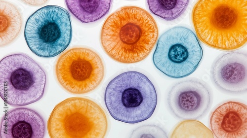 Colorful Microscopic Cell Cultures on White Background
