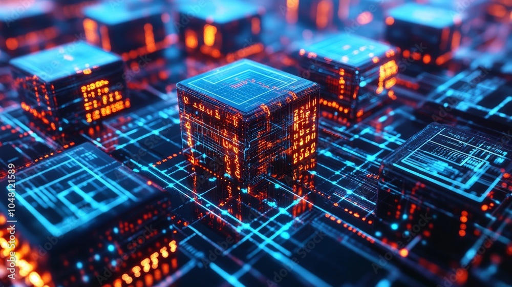 Obraz premium A close-up view of blockchain technology, with 3D cubes linked by glowing lines, floating in a virtual space surrounded by binary code and data points, representing secure data transactions