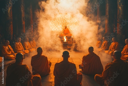 Saffron Robed Monks Chanting in Incense Filled Temple Symbolizing Collective Prayer and Devotion