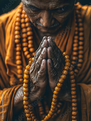 Close up of Monk s Hands in Serene Prayer Symbolizing Devotion and Mindfulness photo