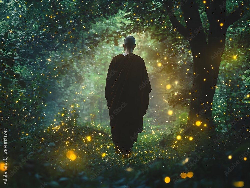 Solitary Monk in Serene Forest Glow with Flickering Fireflies Solitary Monk in Serene Forest Glow with Flickering Fireflies