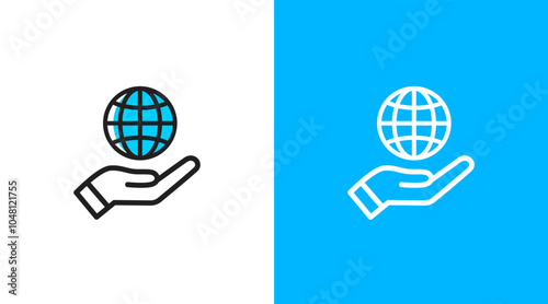 Hands and world global earth logo icon. Hands holding global world symbol. Hands giving global earth. World global earth care logo icon design template