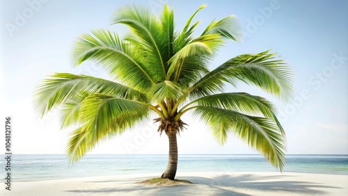 Isolated Coconut Palm Tree on White Background for Tropical Vacation Themes, Serene Beach Getaways, and Relaxation Imagery