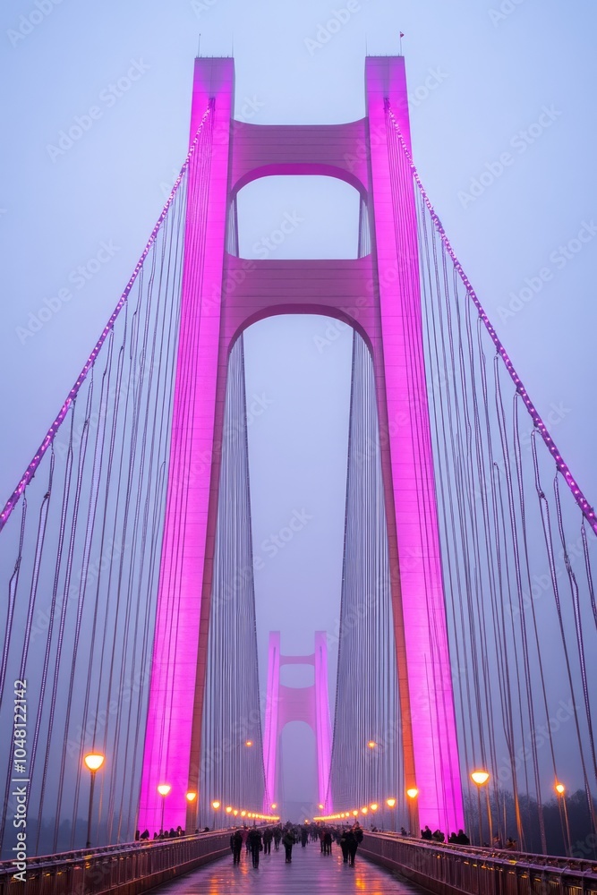 Fototapeta premium A beautifully lit bridge at dusk, showcasing modern architecture.