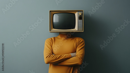 Person with TV Head on Grey Background