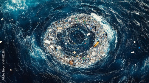 A dramatic aerial view of an ocean gyre filled with floating plastic waste, bottles, and other debris, swirling in the middle of the sea, surrounded by deep blue water, highlighting