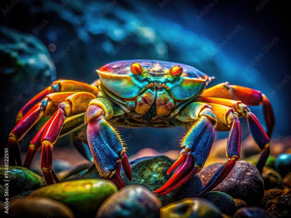 Low Light Photography of a Colorful Crab Clip Art in a Dark Ocean Environment, Showcasing Intricate Details and Vibrant Colors for Stunning Visual Impact Low Light Photography of a Colorful Crab Clip Art in a Dark Ocean Environment, Showcasing Intricate Details and Vibrant Colors for Stunning Visual Impact