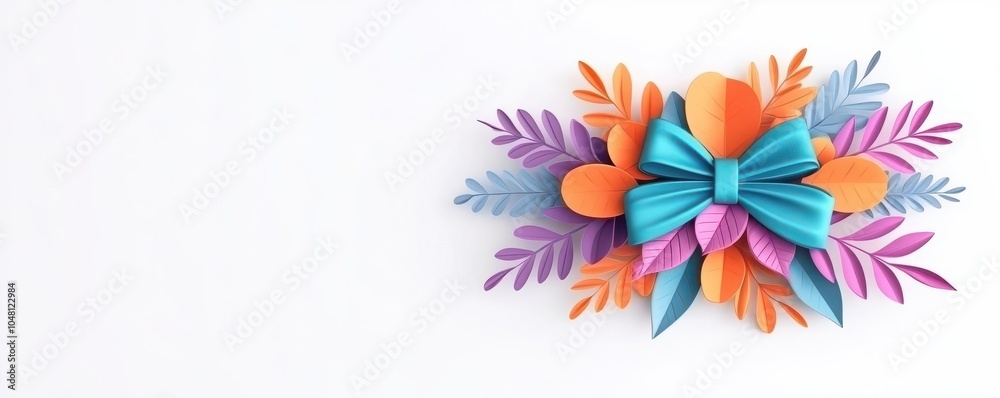 Bow on a floral wreath flat design, top view, spring festival theme, 3D render, Triadic Color Scheme Bow on a floral wreath flat design, top view, spring festival theme, 3D render, Triadic Color Scheme