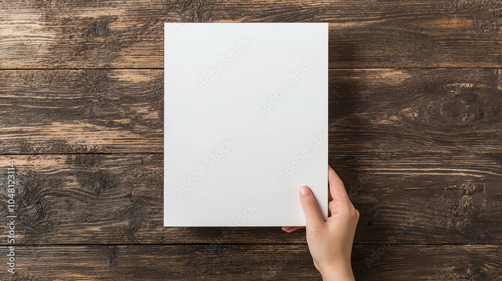 A minimalistic scene of a hand holding a blank sheet of white paper against a rustic wooden background, showcasing natural light and shadow details, high-definition texture