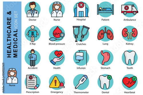 Medical icon set. doctor, nurse, hospital and more. colored outline icon style. icon related to healthcare. medical elements vector illustration