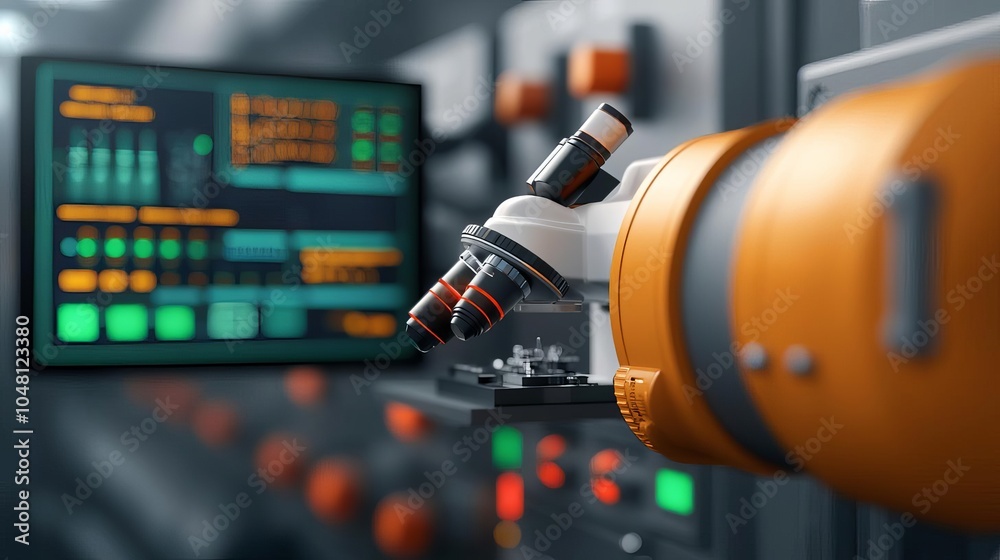 Close-up of a modern microscope with an orange accent, set against a blurred, advanced control panel showcasing screens and indicators. Close-up of a modern microscope with an orange accent, set against a blurred, advanced control panel showcasing screens and indicators.