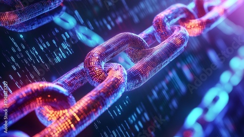 A highly detailed image of a digital blockchain structure, with links connecting vibrant blocks, representing the secure transfer of information, surrounded by data streams and coding symbols