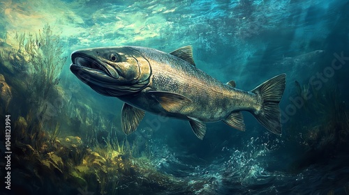 Colorful Painting of Chinook Salmon Fish Swimming in the Dab photo