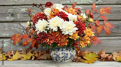 Autumn Flower Arrangement in Rustic Setting photo