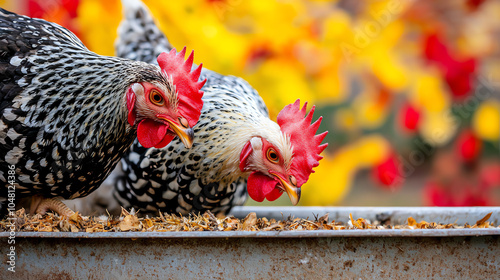 Close shot of chickens feeding from a trough, with a vibrant farm backdrop, showcasing free-range hens in their natural environment, captured in soft daylight and with crisp focus