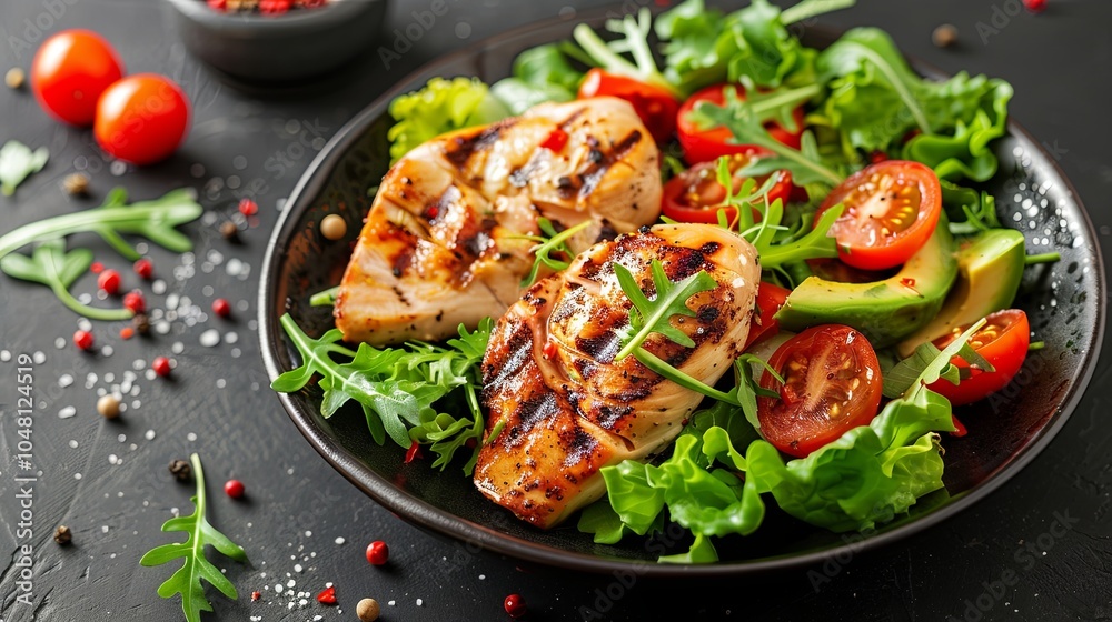 Grilled chicken meat and fresh vegetable salad of tomato, avocado, lettuce background Grilled chicken meat and fresh vegetable salad of tomato, avocado, lettuce background