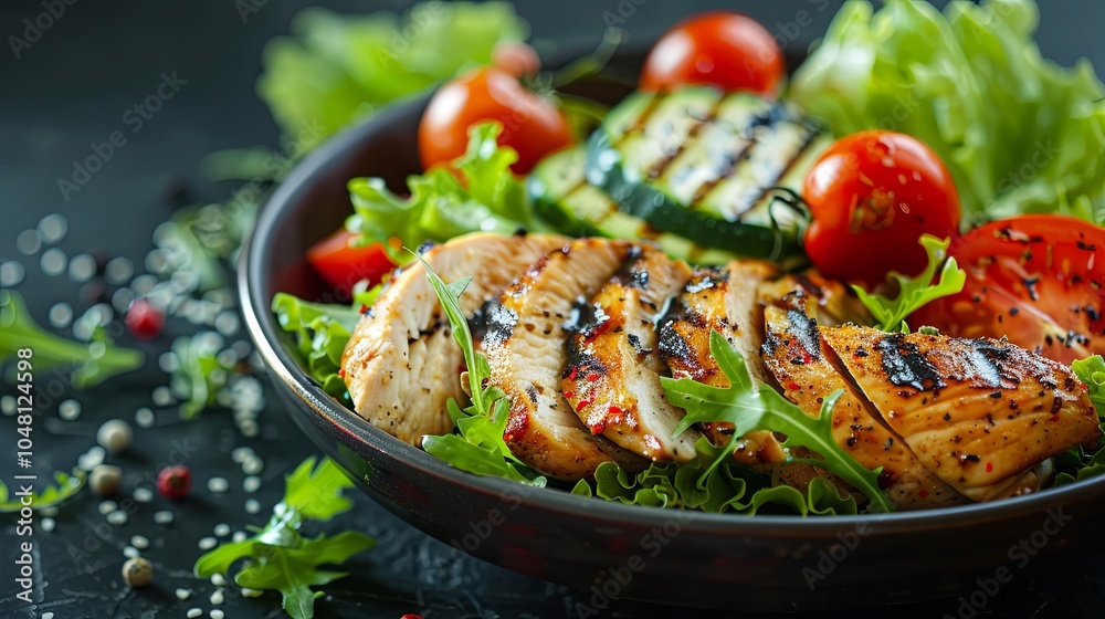Grilled chicken meat and fresh vegetable salad of tomato, avocado, lettuce background Grilled chicken meat and fresh vegetable salad of tomato, avocado, lettuce background