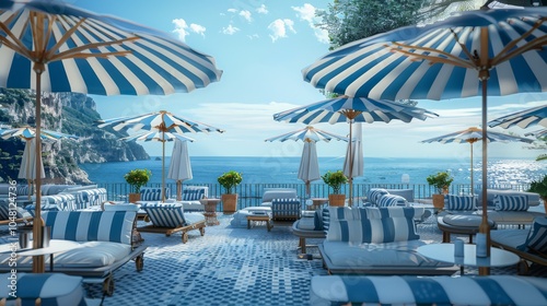 Amalfi Coast Luxury Beach Club: Sun-drenched escape. Striped umbrellas, loungers, and the breathtaking Amalfi Coast backdrop create an idyllic Mediterranean scene. Perfect for travel, luxury.