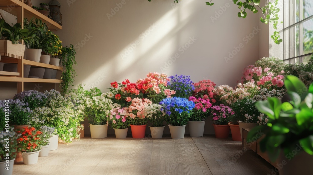 An empty scene featuring blank mockup template (a charming flower shop filled with forget-me-nots in colorful bouquets and arrangements), An empty scene featuring blank mockup template (a charming flower shop filled with forget-me-nots in colorful bouquets and arrangements),