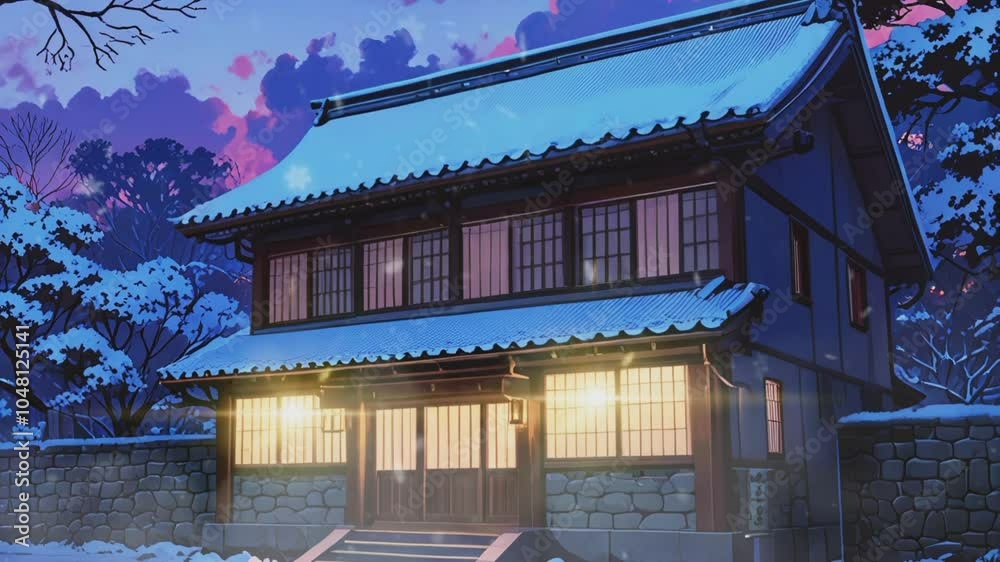 Japanese temple in winter at night.Seamless 4k time lapse virtual video animation Japanese temple in winter at night.Seamless 4k time lapse virtual video animation