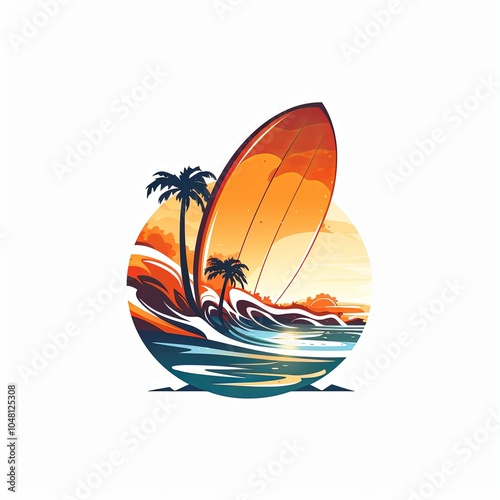 Surfboard and Palms at Sunset Illustration photo