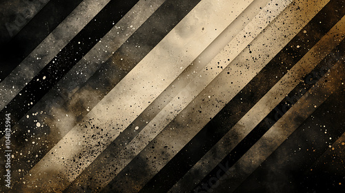 A dynamic abstract background with black and brown diagonal stripes, accented by grunge textures and scattered particles, creating a bold, textured 