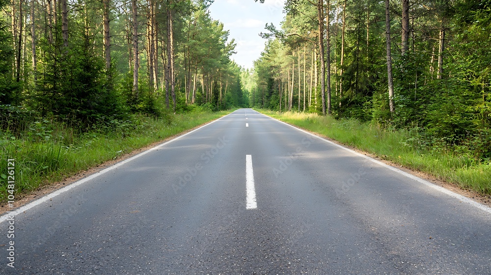 A tranquil stretch of road surrounded by lush green forests inviting exploration and adventure
