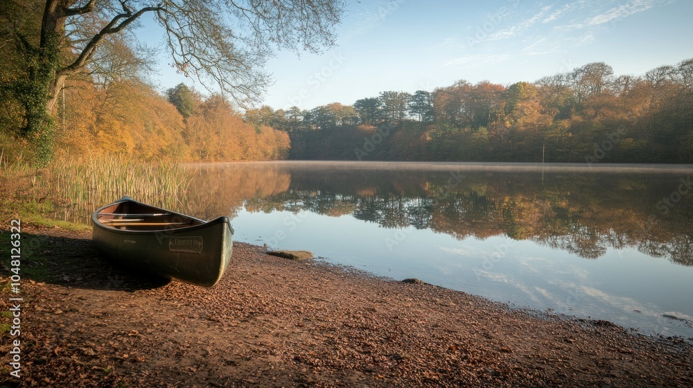A Canoe Parked on a Calm Lake in Autumn