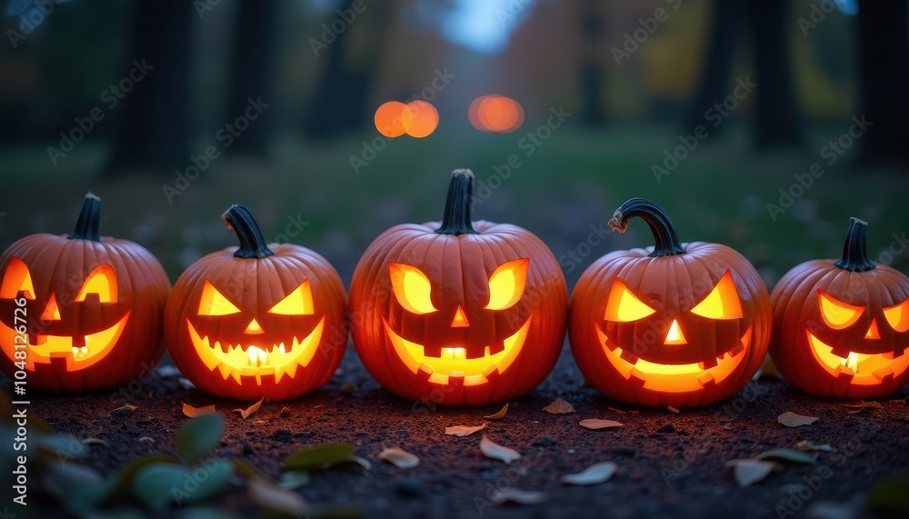 A collection of beautifully carved pumpkins with spooky faces arranged in a row glowing in the dark ready for Halloween night. A collection of beautifully carved pumpkins with spooky faces arranged in a row glowing in the dark ready for Halloween night.