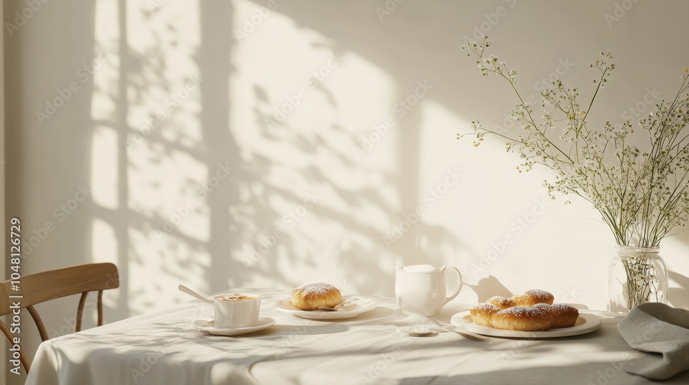 An empty scene featuring blank mockup template (a cozy breakfast nook with forget-me-nots on the table and fresh pastries), An empty scene featuring blank mockup template (a cozy breakfast nook with forget-me-nots on the table and fresh pastries),