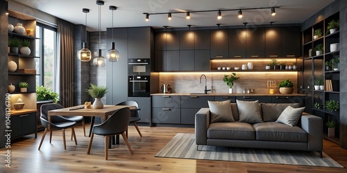 Modern Minimalist Black Kitchen in Studio Apartment with Bokeh Effect, Elegant Living Room Design, Contemporary Interior Decor, Urban Living Space Inspiration, Chic Home Aesthetics