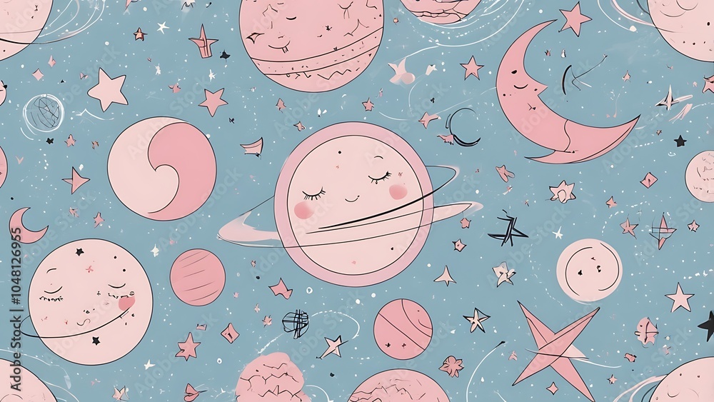 whimsical pastel themed pattern illustration vector background featuring celestial elements with various sized circles, crescent moons, and stars in shades of pink, peach, and light blue whimsical pastel themed pattern illustration vector background featuring celestial elements with various sized circles, crescent moons, and stars in shades of pink, peach, and light blue