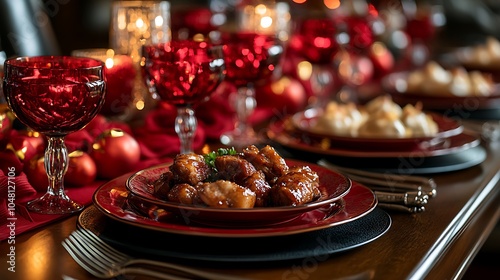 Christmas table with a variety of food in festive dishes, close-up photo