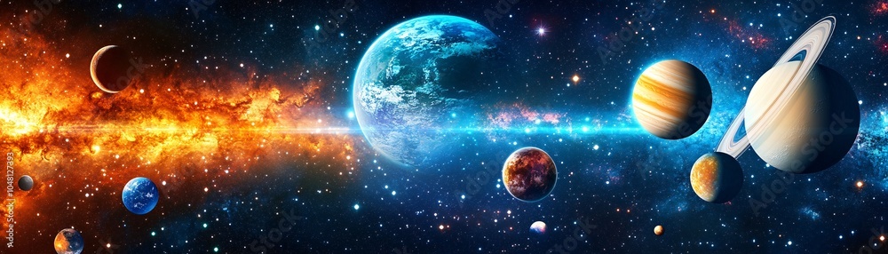 Fototapeta premium Cosmic Landscape with Planets and Stars.